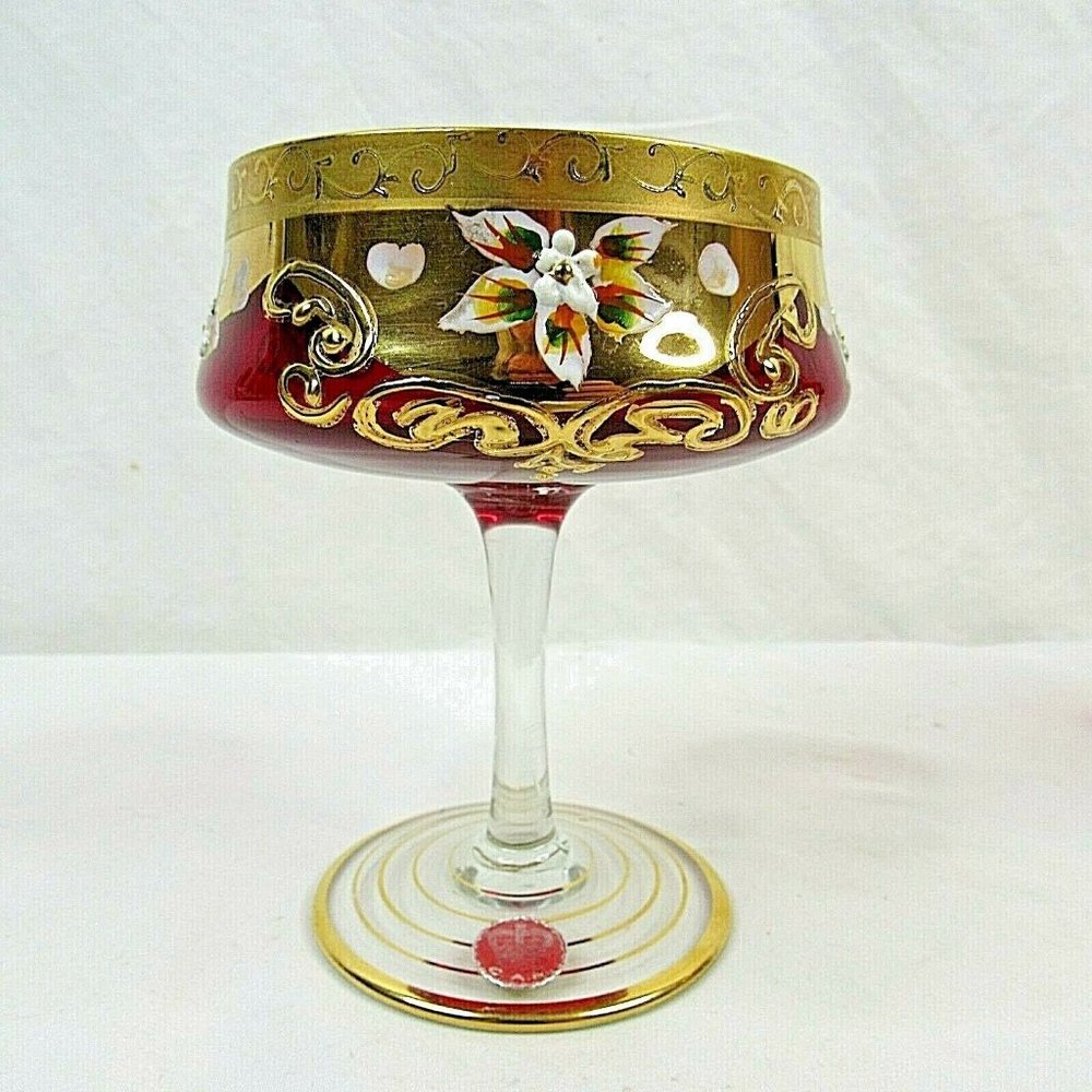 Vintage Bohemian Crystal Ruby Red Wine Glass Floral CAM Stem Set of 2 - Picture 3 of 6